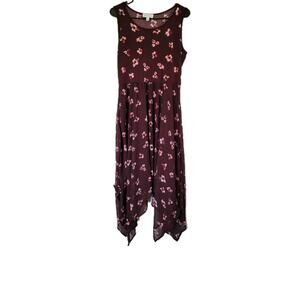 Elle Floral Chiffon Midi Dress Sz M Jr Lined Babydoll Burgundy Fairy Romantic